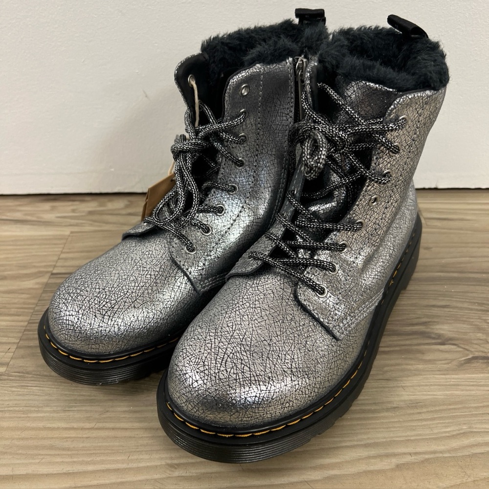 Dr. Martens 1460 Serena Silver Distressed Foil Faux Fur Lined Youth Size M5/W6